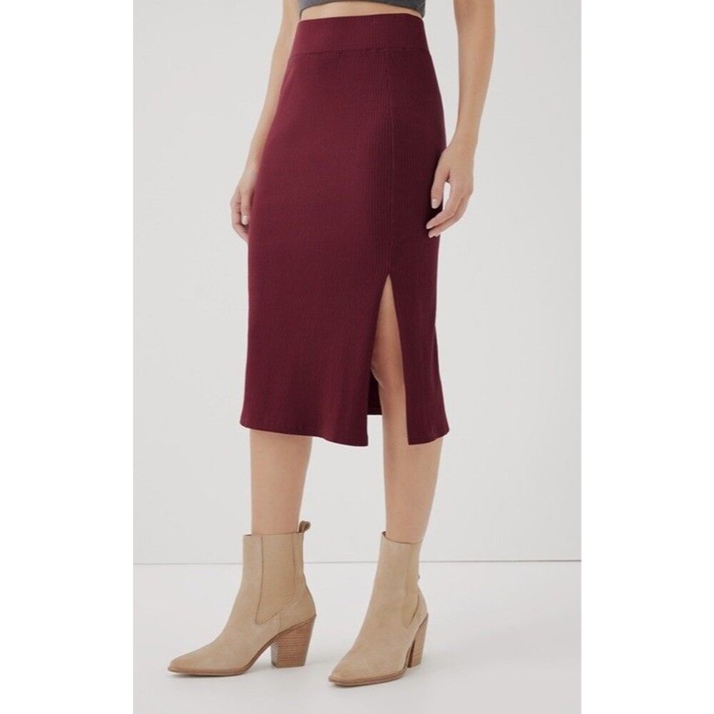 Pact Refined Rib Midi Skirt Size Small Burgundy Red Office Minimalist Organic